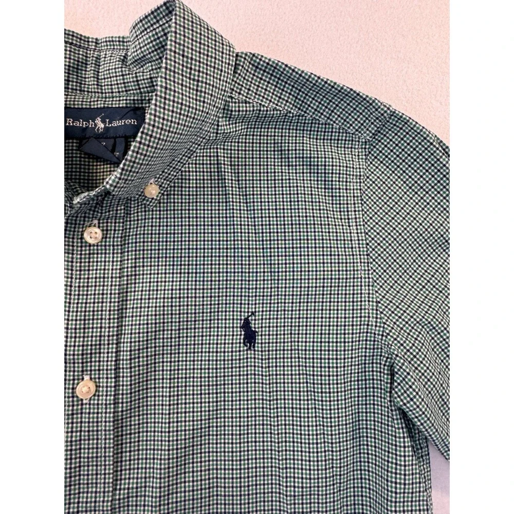 Ralph Lauren Boys Size 7 Green Navy Gingham Check Button Down Oxford Shirt